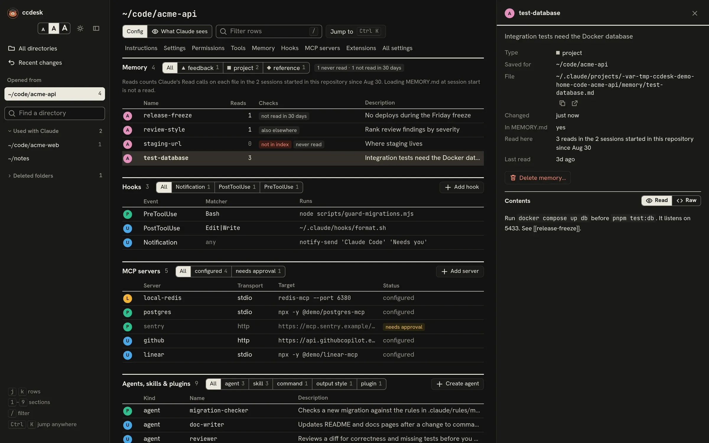 The Memory timetable with four memories and how often Claude read each: release-freeze not read in 30 days, staging-url not in index and never read, review-style also elsewhere, and test-database open in the inspector with its reads