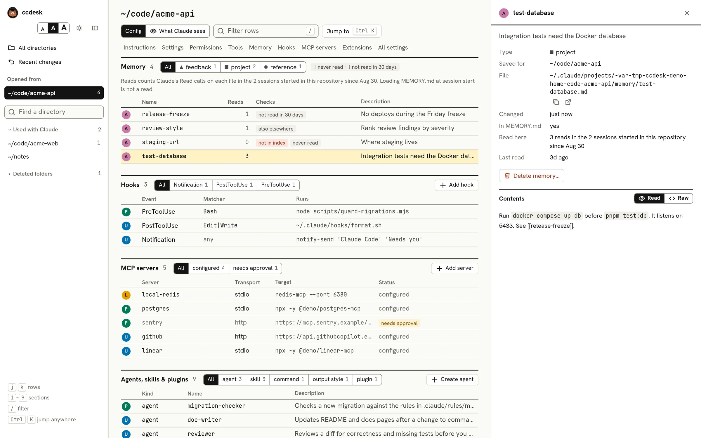 The Memory timetable with four memories and how often Claude read each: release-freeze not read in 30 days, staging-url not in index and never read, review-style also elsewhere, and test-database open in the inspector with its reads