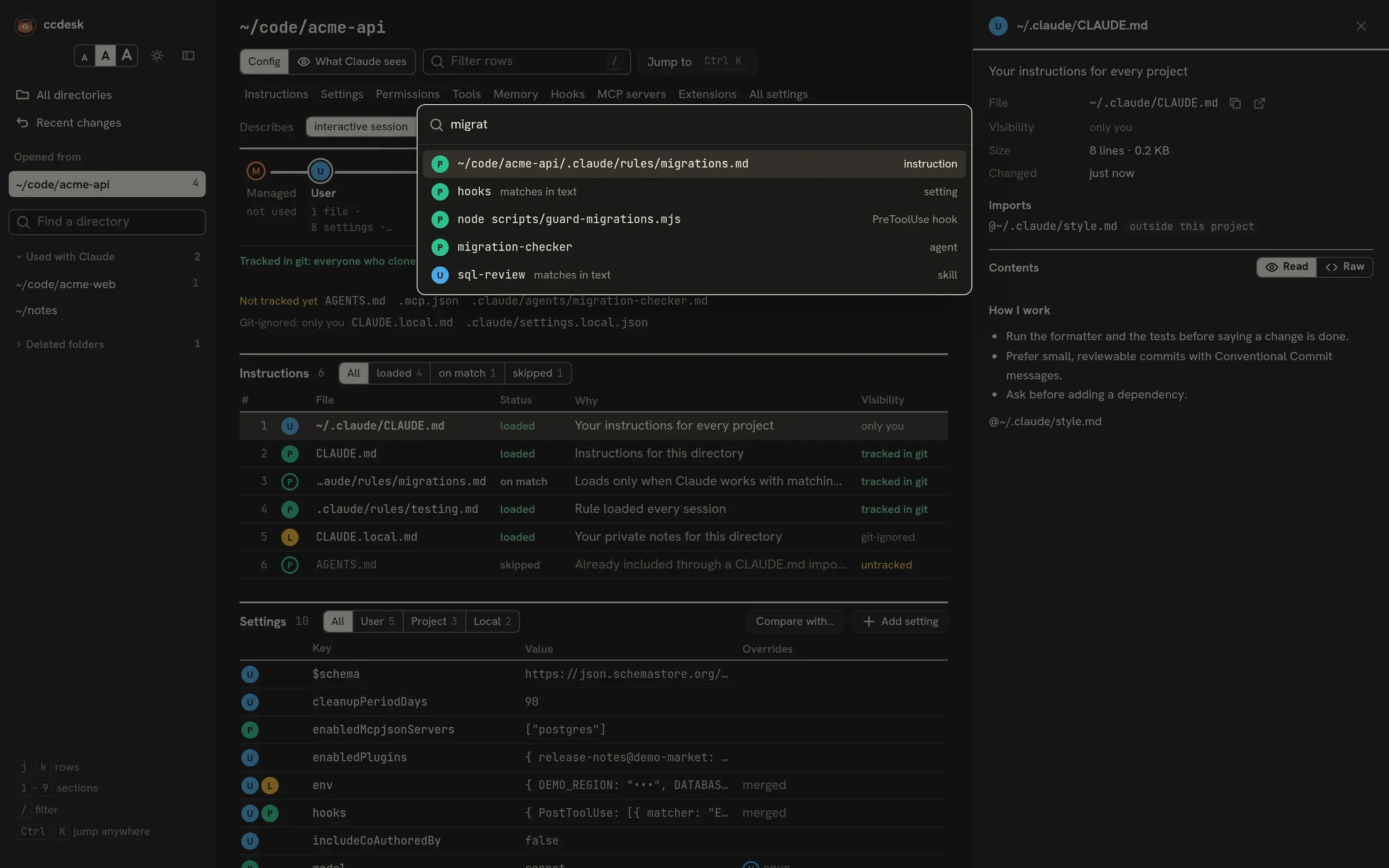 The command palette over a directory page, listing a rule file, a setting, a hook, an agent and a skill that match the query migrat