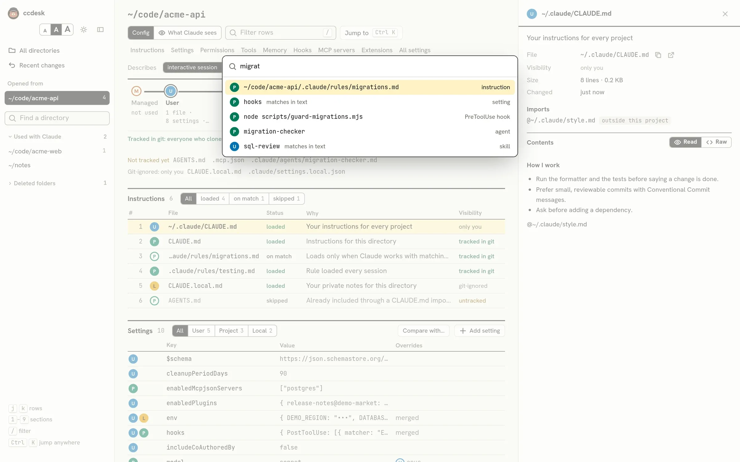 The command palette over a directory page, listing a rule file, a setting, a hook, an agent and a skill that match the query migrat